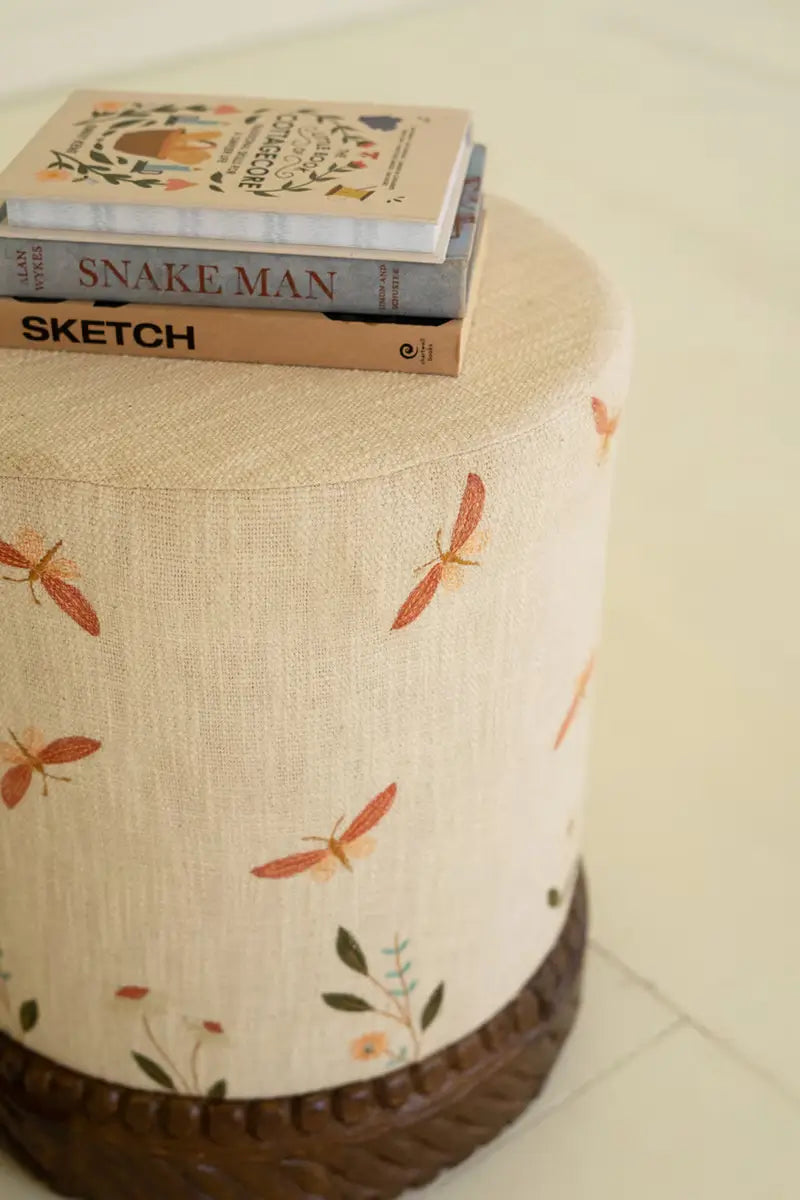 Embroidered Dragonflies Ottoman With Carved Wood Base
