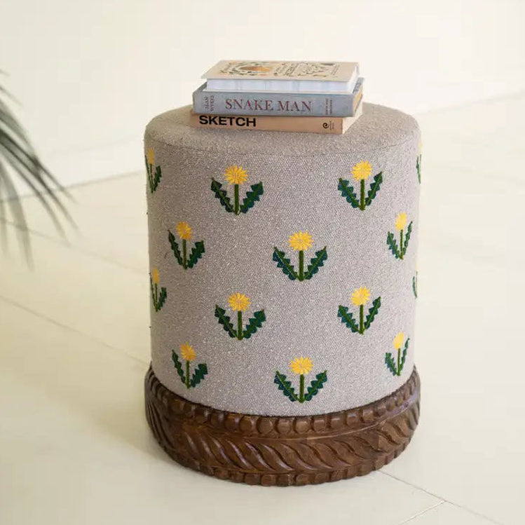 Embroidered Daisies Ottoman With Carved Wood Base