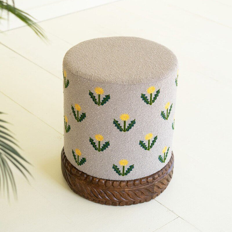 Embroidered Daisies Ottoman With Carved Wood Base