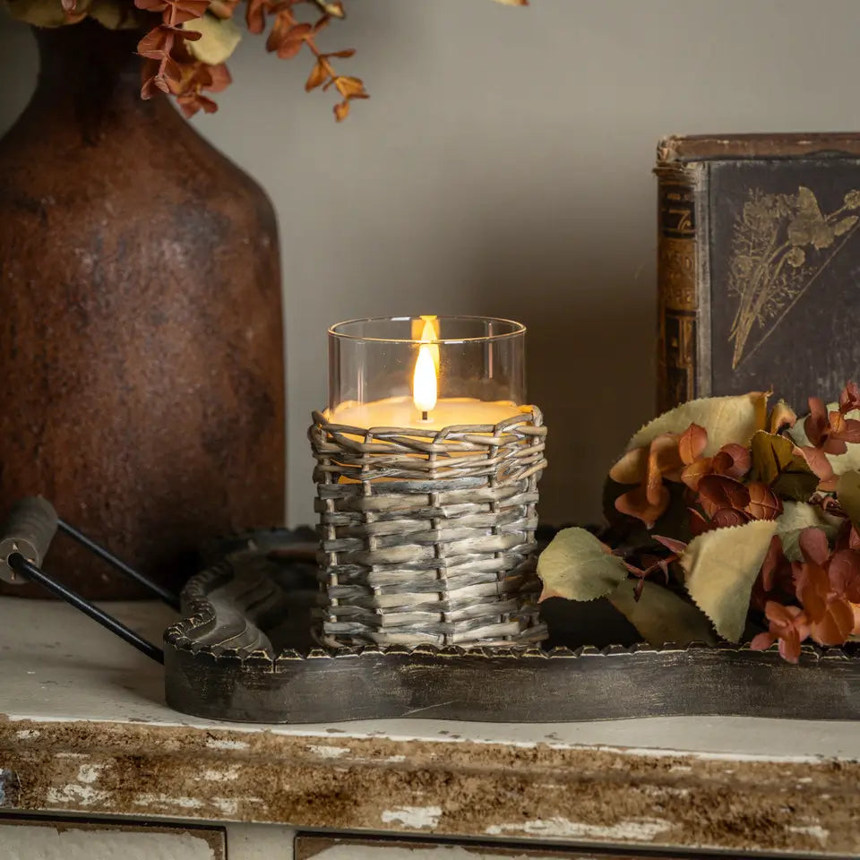 Woven Wicker & Glass 3D Flame Candle