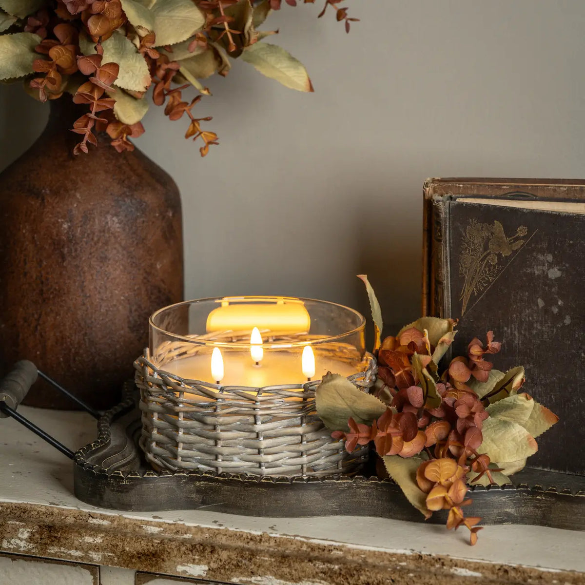 Large Woven Wicker & Glass Three Wick 3D Flame Candle