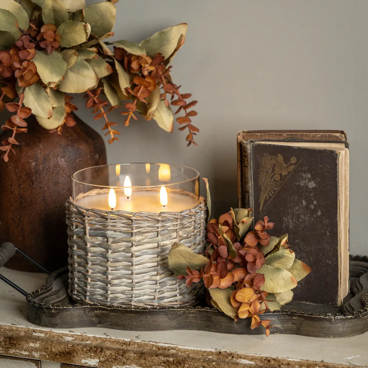 Large Woven Wicker & Glass Three Wick 3D Flame Candle
