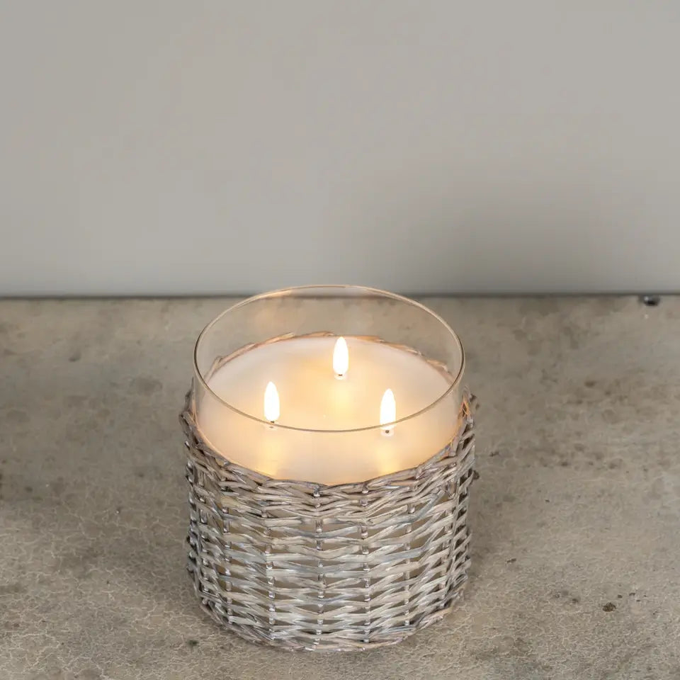 Large Woven Wicker & Glass Three Wick 3D Flame Candle