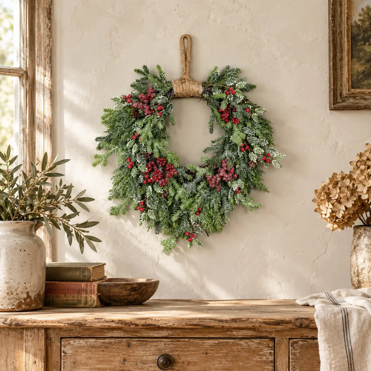 Cypress, Holly & Red Berries Hanging Wreath