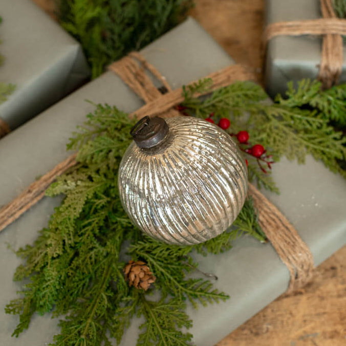 Ribbed Silver Ball Ornament