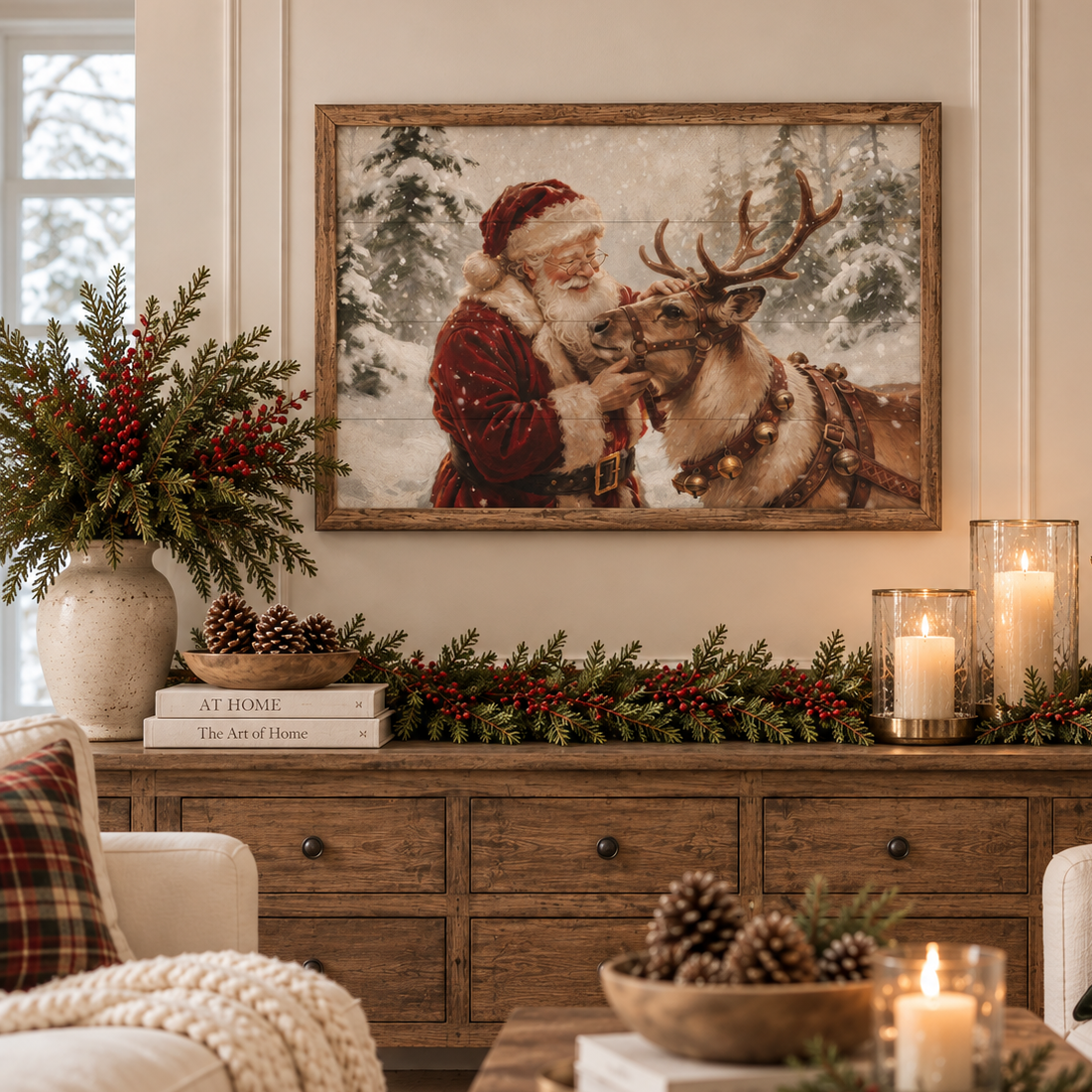 Santa & His Reindeer Wood Framed Print