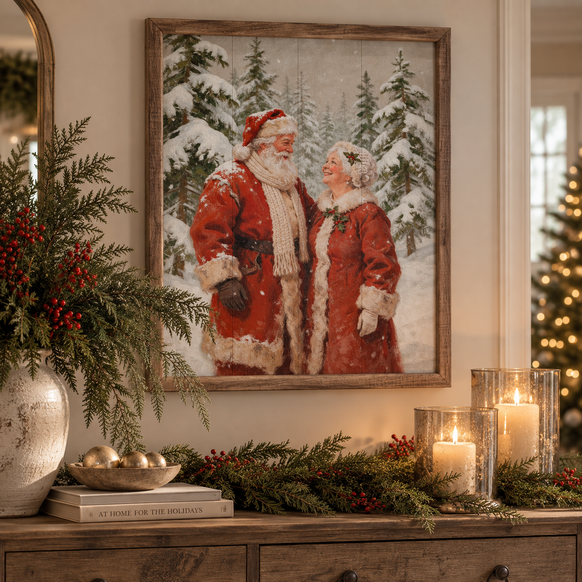 Santa & Mrs Claus In The Pines Wood Framed Print