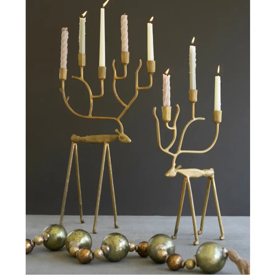 Antique Gold Forged Iron Christmas Deer Candelabra Set