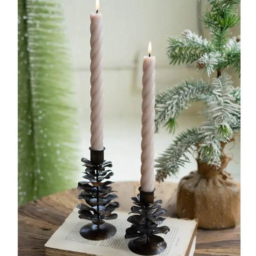 Antique Brown Metal Pine Cone Taper Holder Set