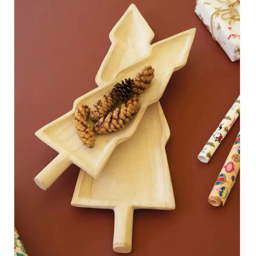 Giant Carved Wood Christmas Tree Platter Set