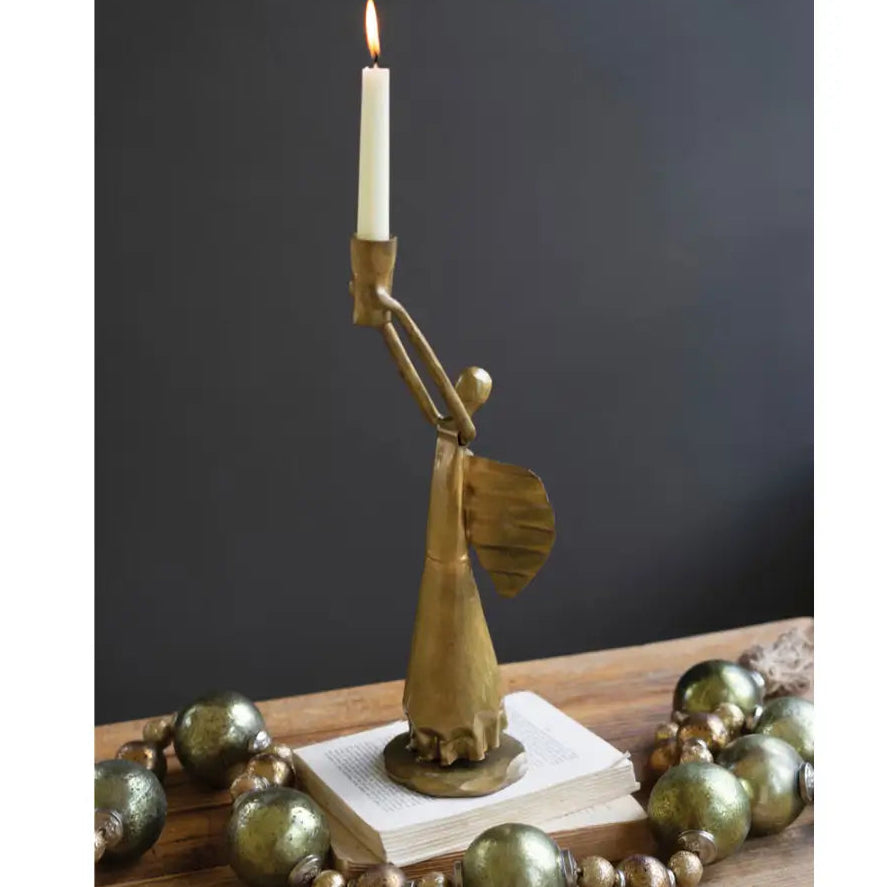 Antique Gold Metal Christmas Angel Candle Holder