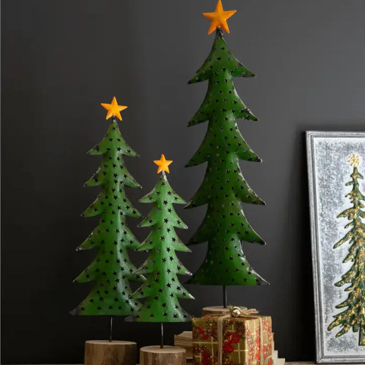 Recycled Iron Christmas Tree on Wood Base Set