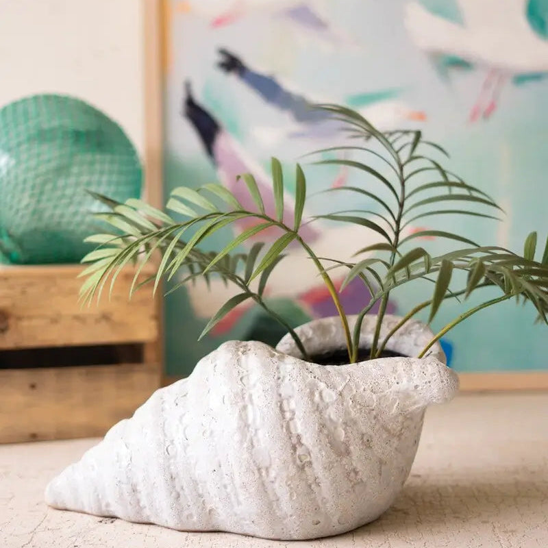 White Glaze Clay Conch Shell Planter