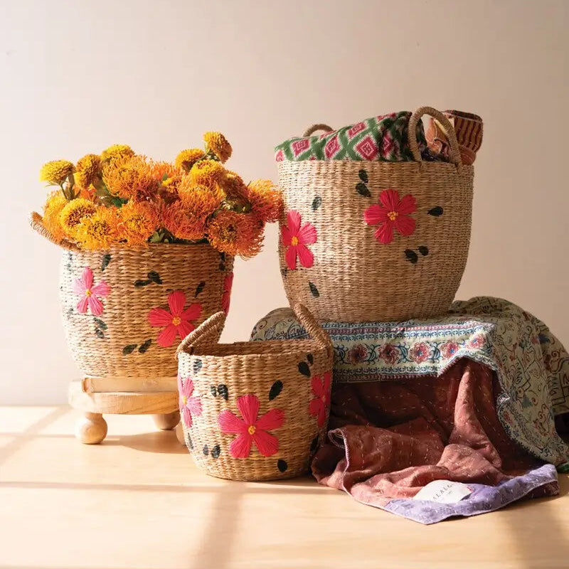 Seagrass Embroidered Flowers Basket Set