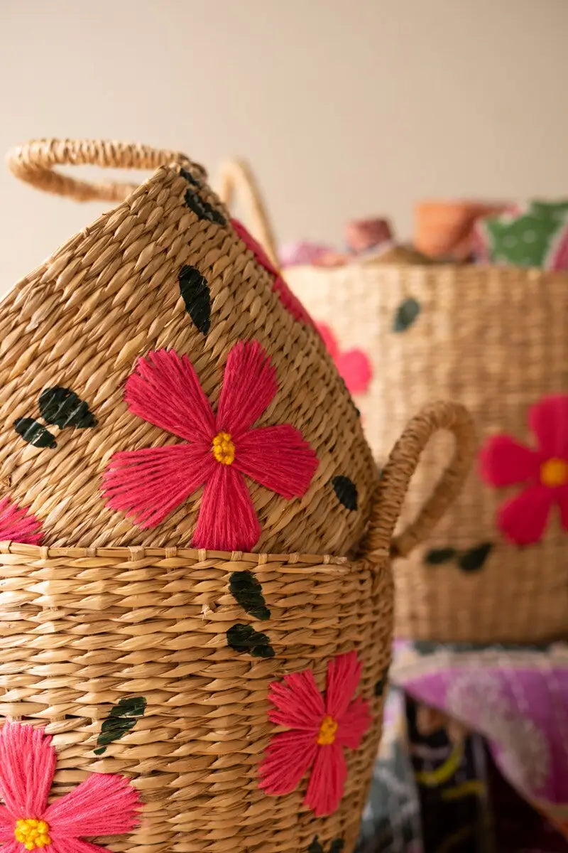 Seagrass Embroidered Flowers Basket Set