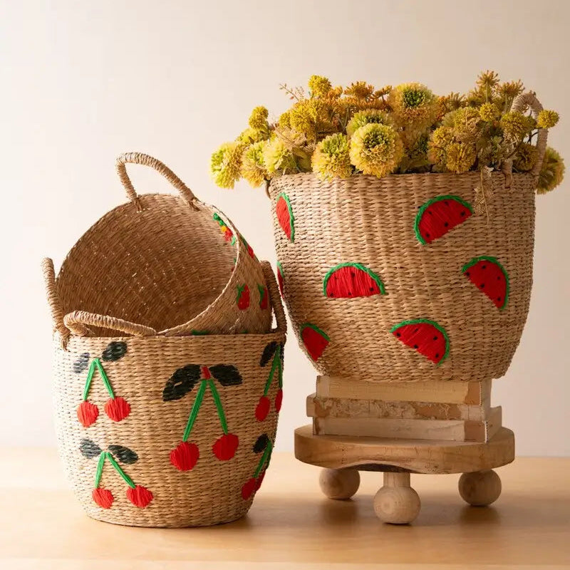 Seagrass Embroidered Fruit Basket Set