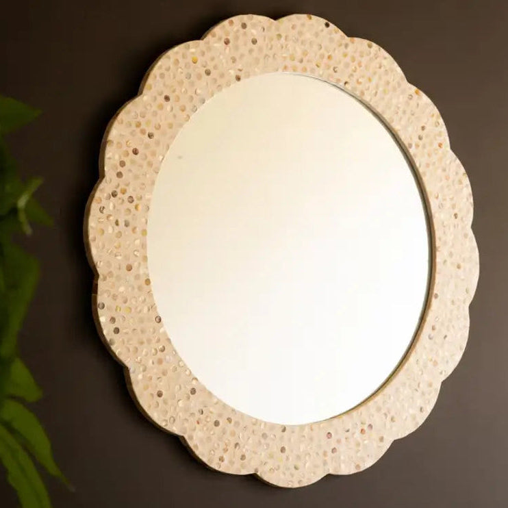 Scalloped Round Cut Capiz Shell Mirror