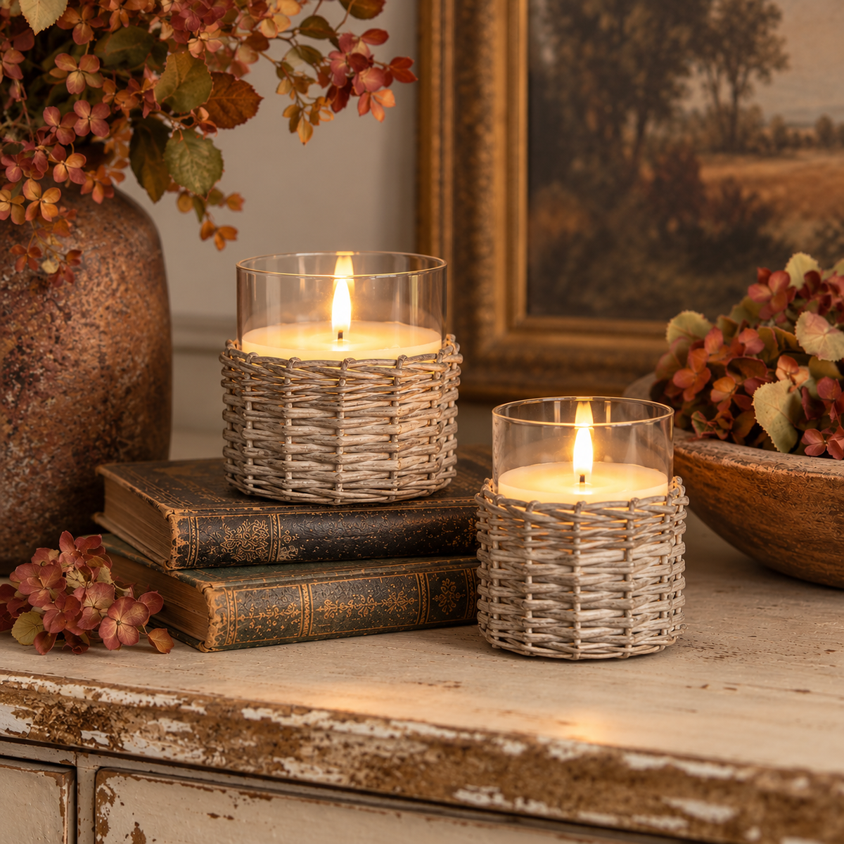 Woven Wicker & Glass 3D Flame Candle
