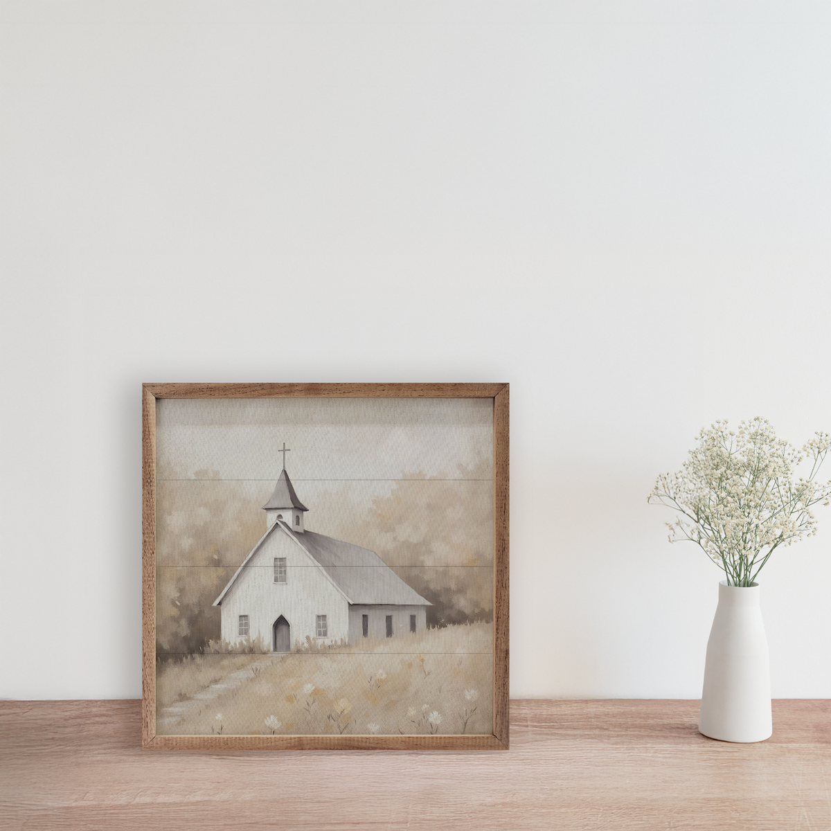 Rural White Church Wood Framed Print
