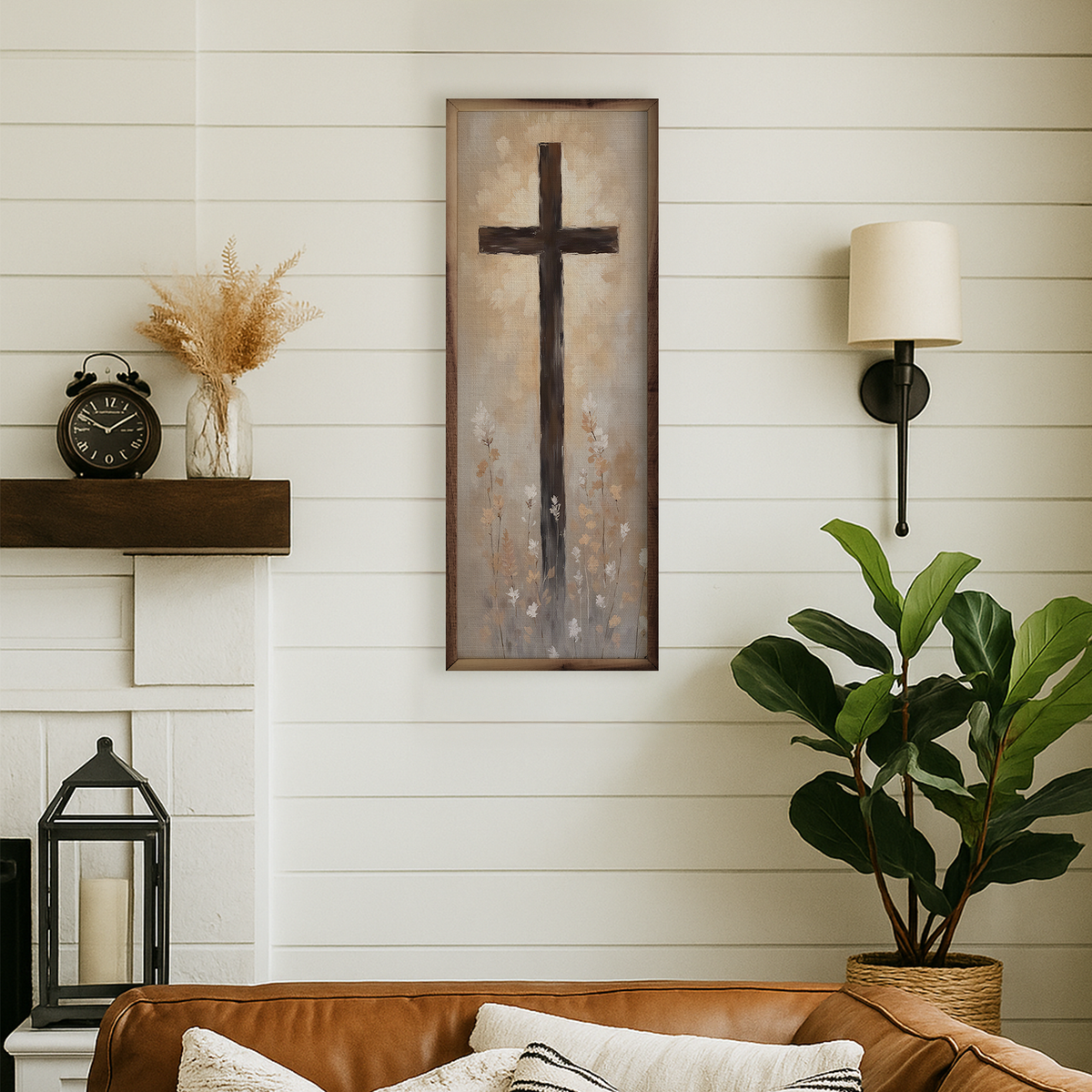 Cross & Flowers Wood Framed Print