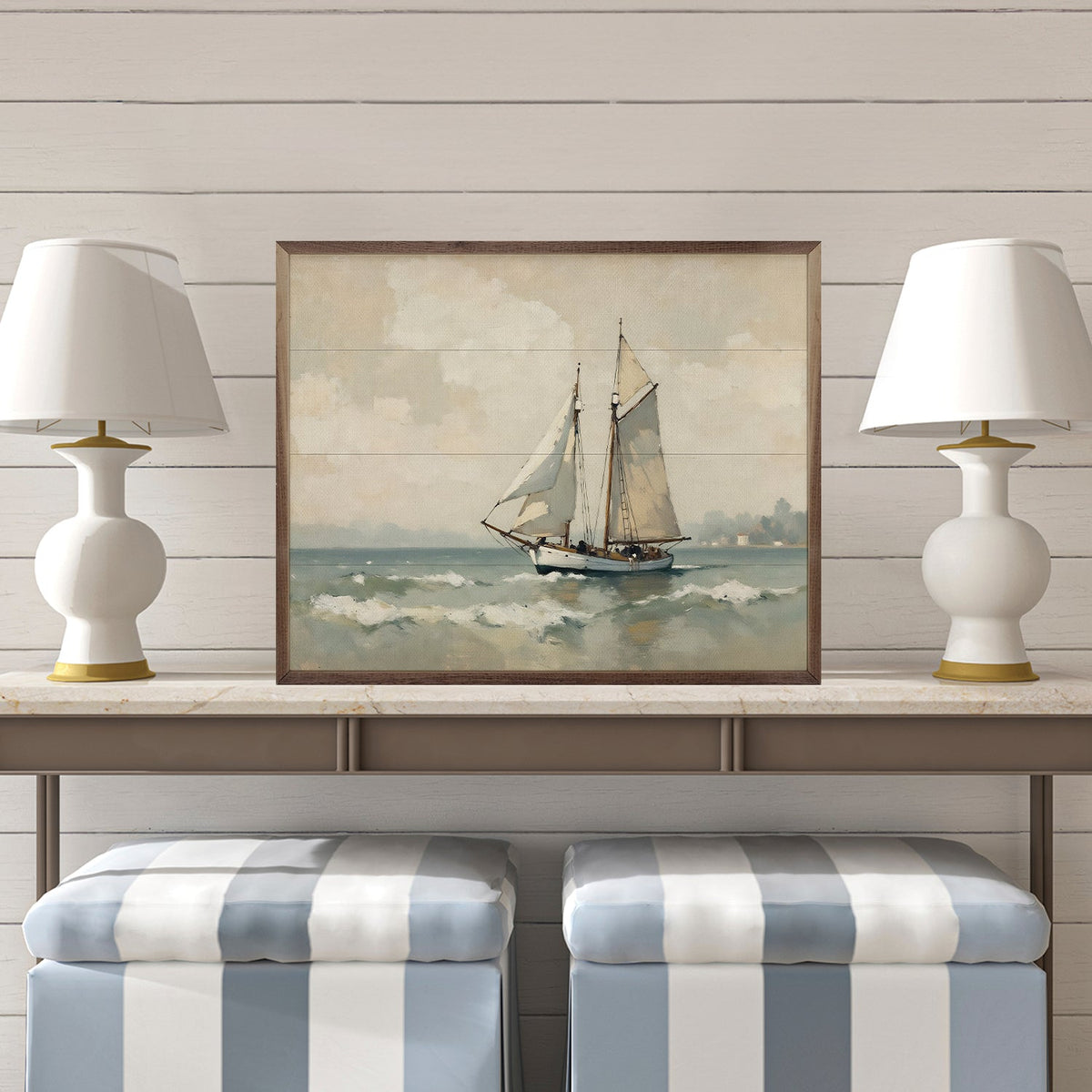 Vintage Sailboat On The Coast Wood Framed Print