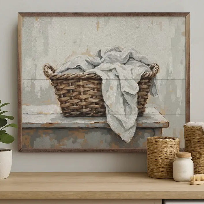 Laundry Basket Wood Framed Print