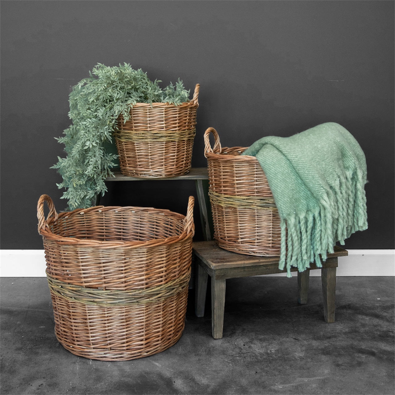 Woven Basket With Green Stripe Set