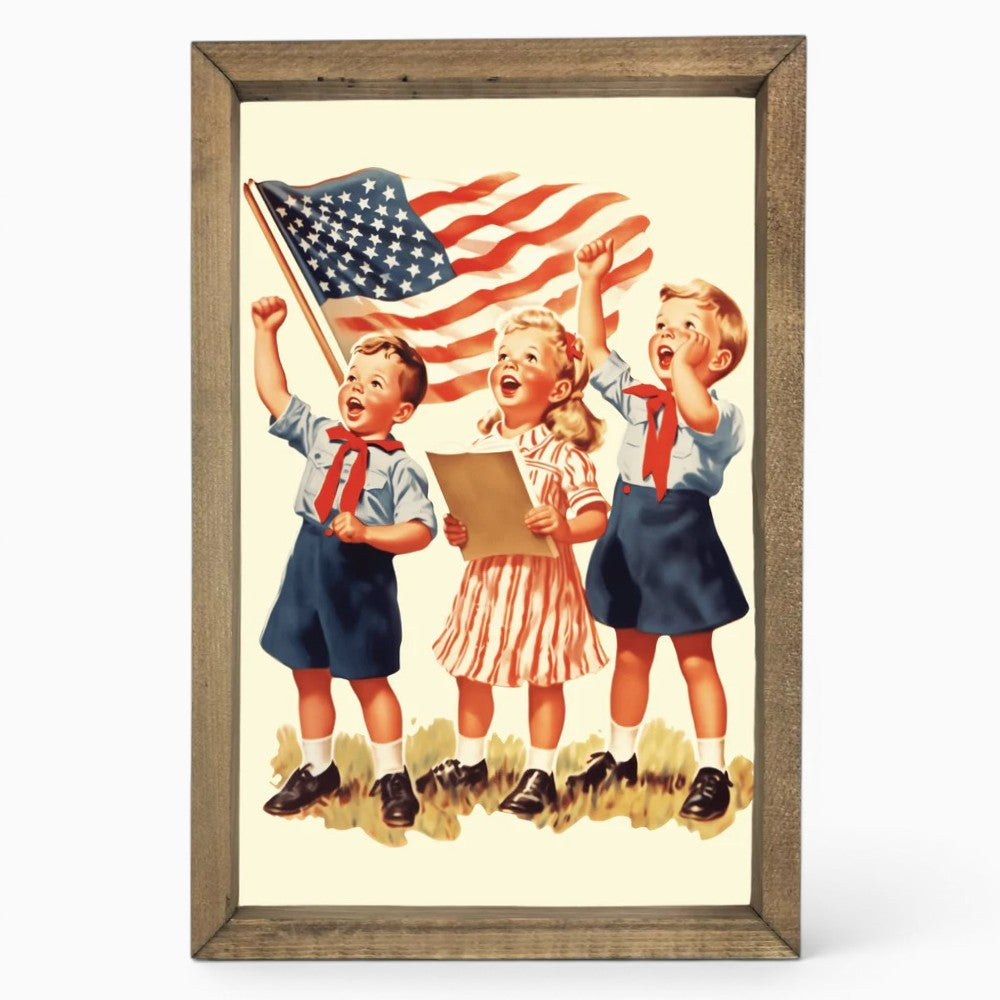 Patriotic Kids Cheering Framed Art