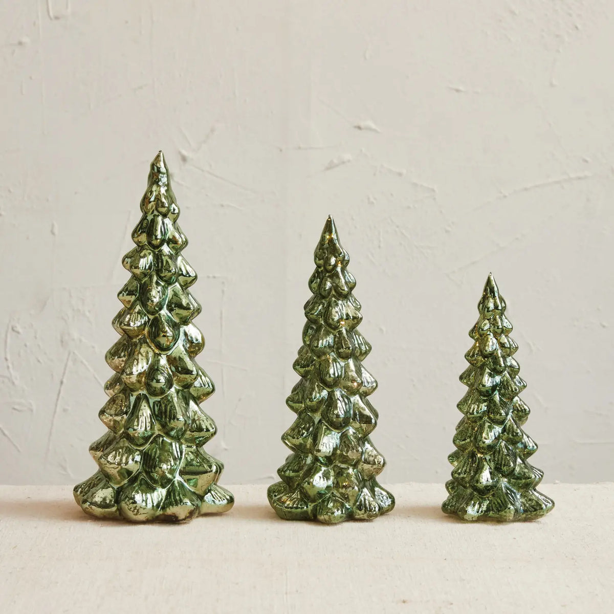 Green Mercury Glass LED Tree Set