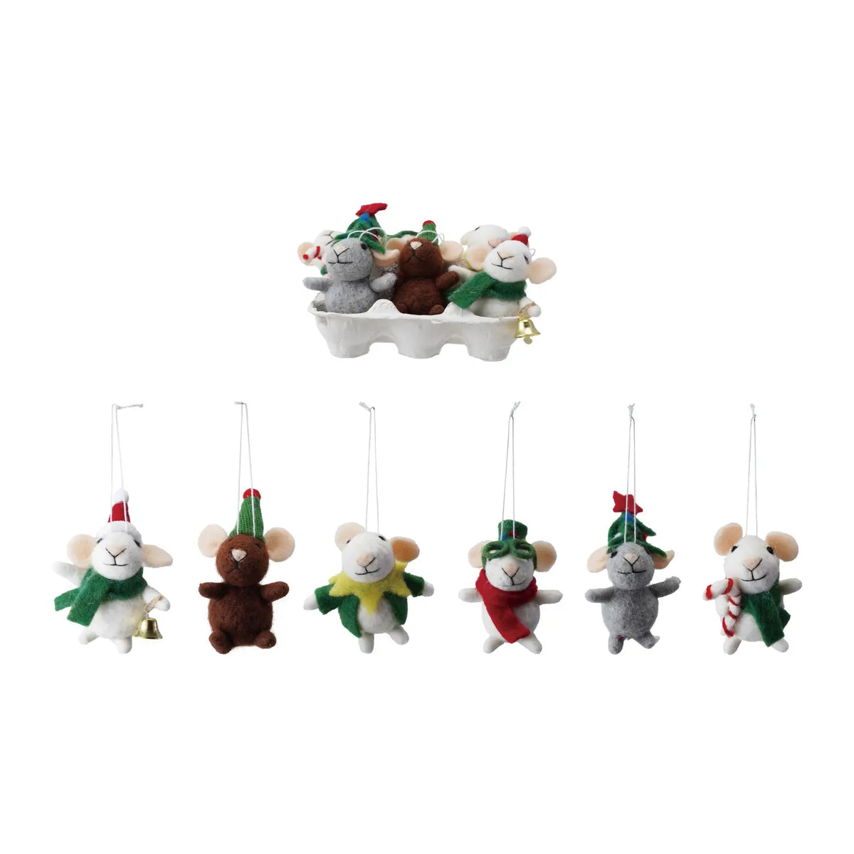 Egg Crate Of Wool Felt Mice Ornaments
