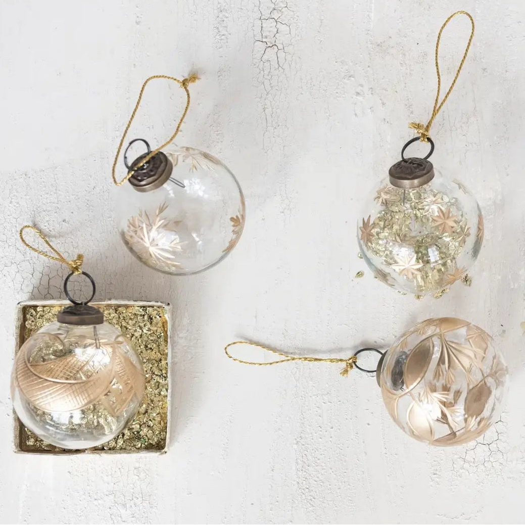 Hand Painted Etched Glass Ball Ornament Set