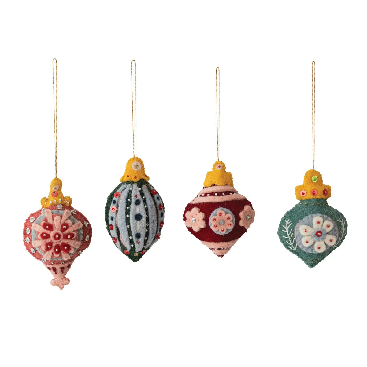 Wool Felt Embroidered Finial Ornament Set