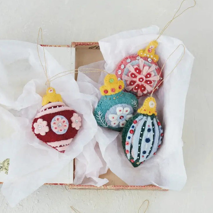 Wool Felt Embroidered Finial Ornament Set