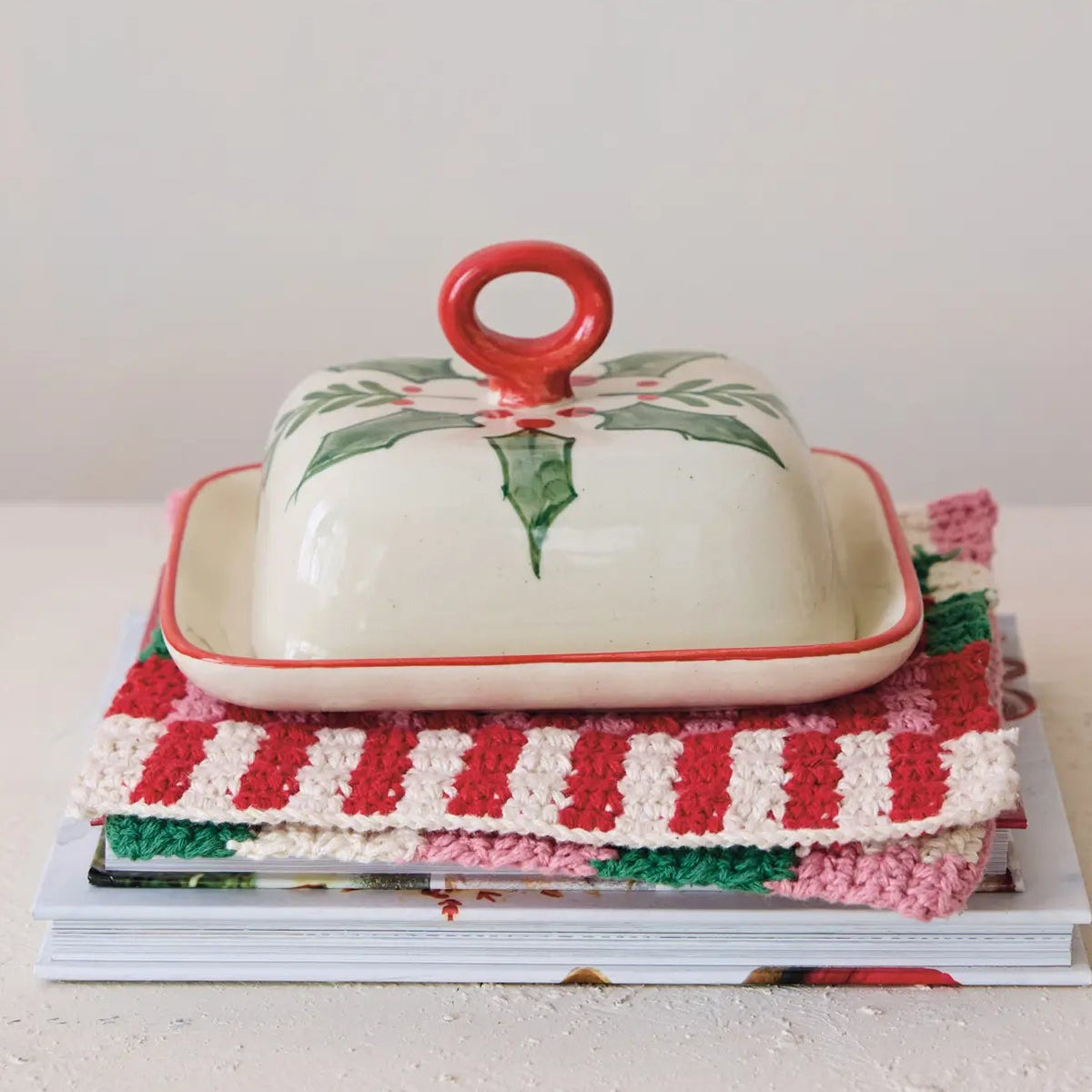 Hand Painted Stoneware Holiday Butter Dish