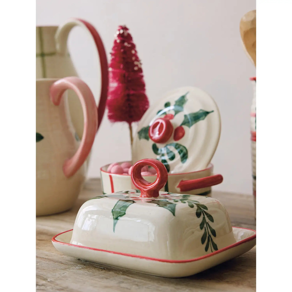 Hand Painted Stoneware Holiday Butter Dish