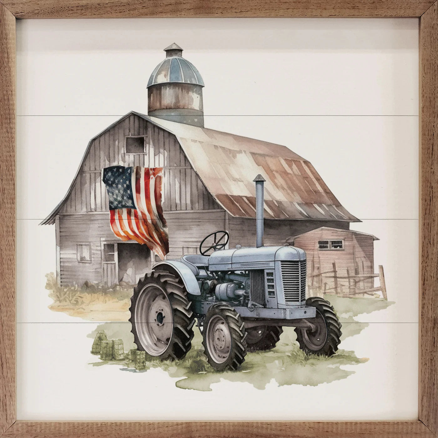 American Flag Barn Tractor Wood Framed Print