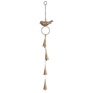 Antiqued Brass Hanging Bells With Bird Cluster