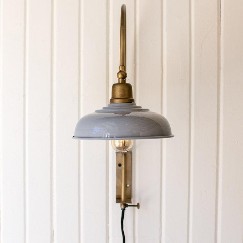 Antiqued Brass Wall Lamp With Grey Shade