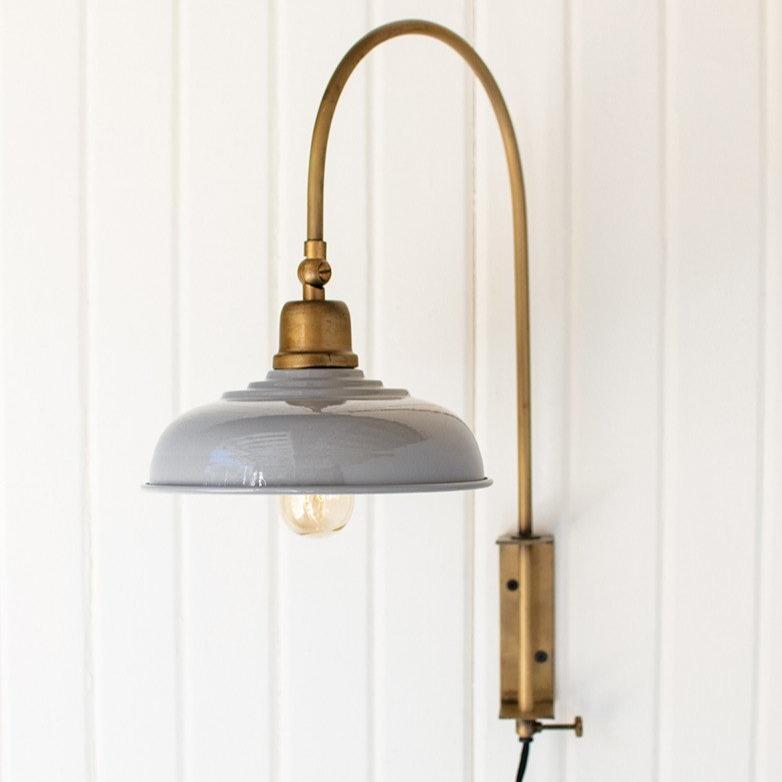 Antiqued Brass Wall Lamp With Grey Shade