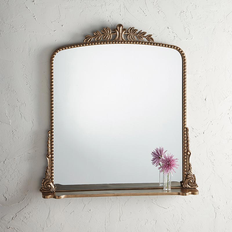 Antiqued Gold Floral Mirror With Shelf