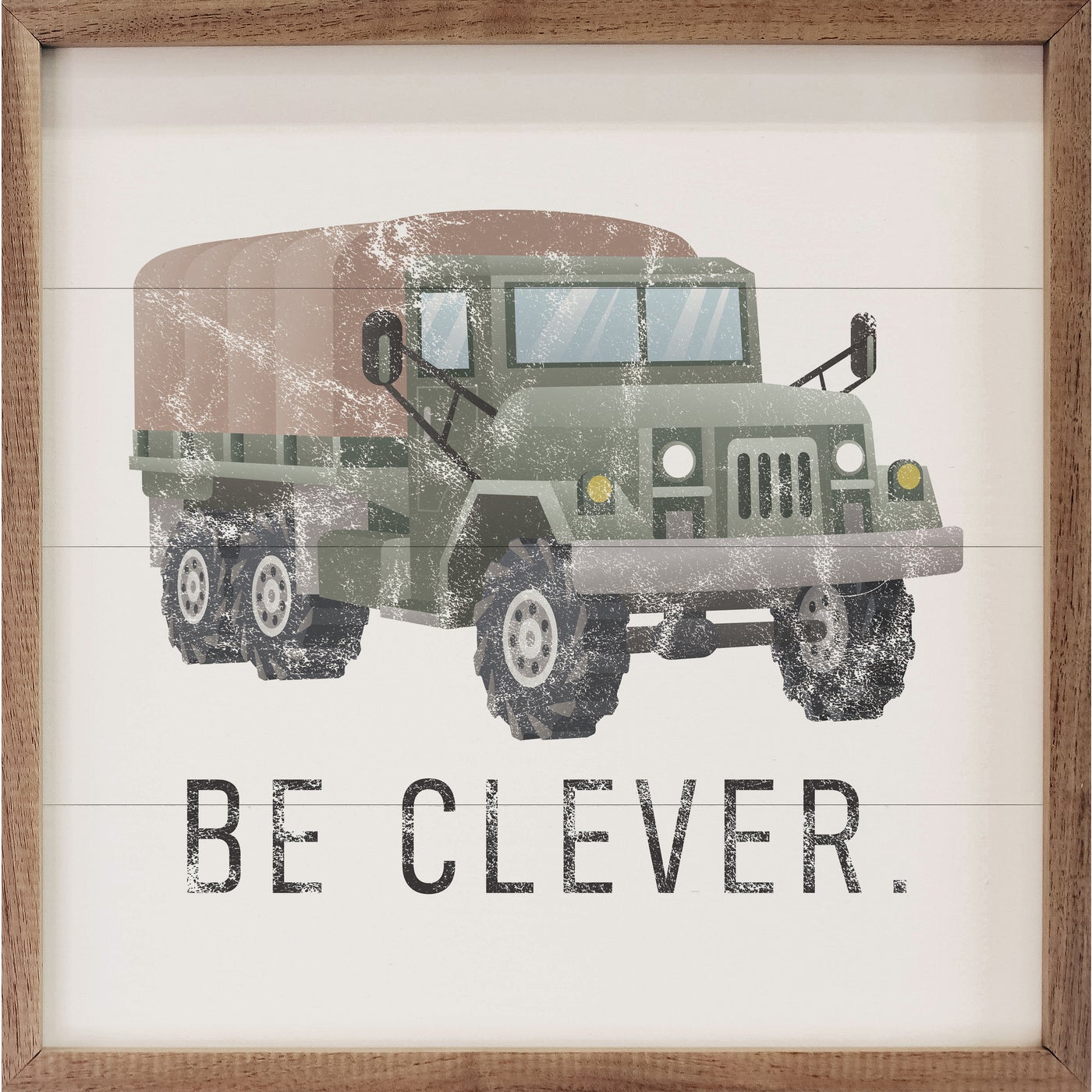 Be Clever Military Truck White Wood Framed Print