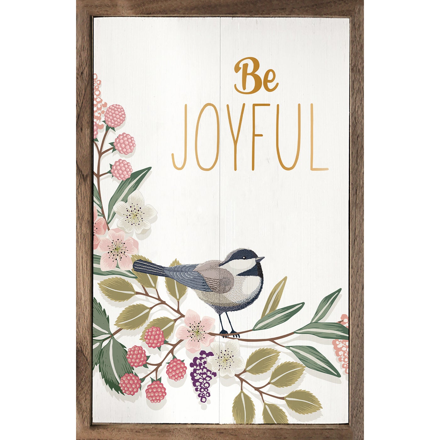 Be Joyful Greenery Bird Whitewash Wood Framed Print