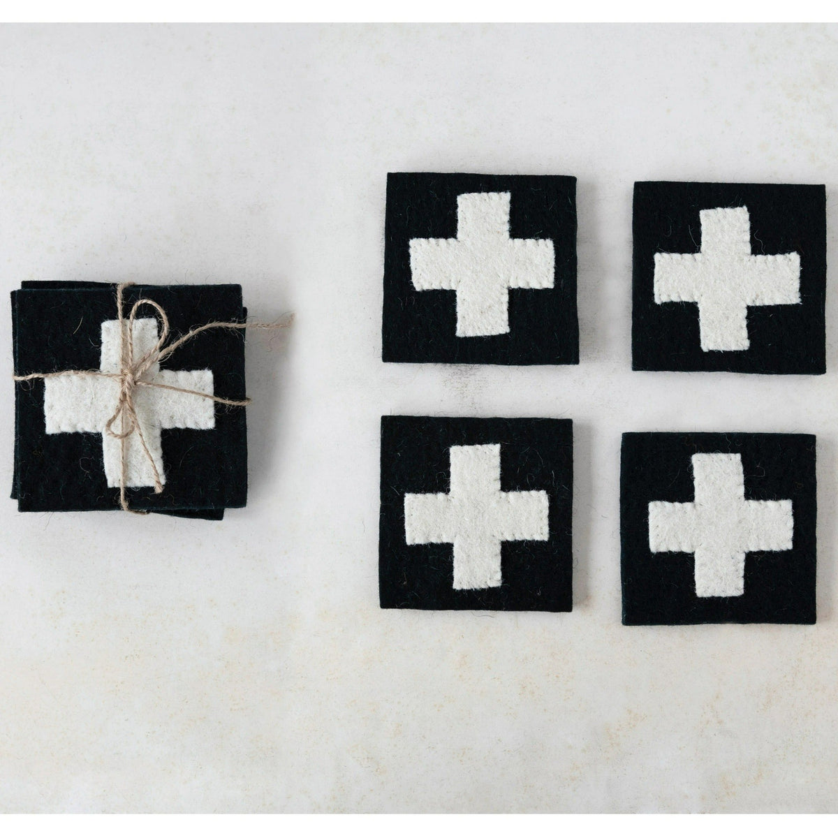 Black &amp; Cream Wool Felt Swiss Cross Coaster Set