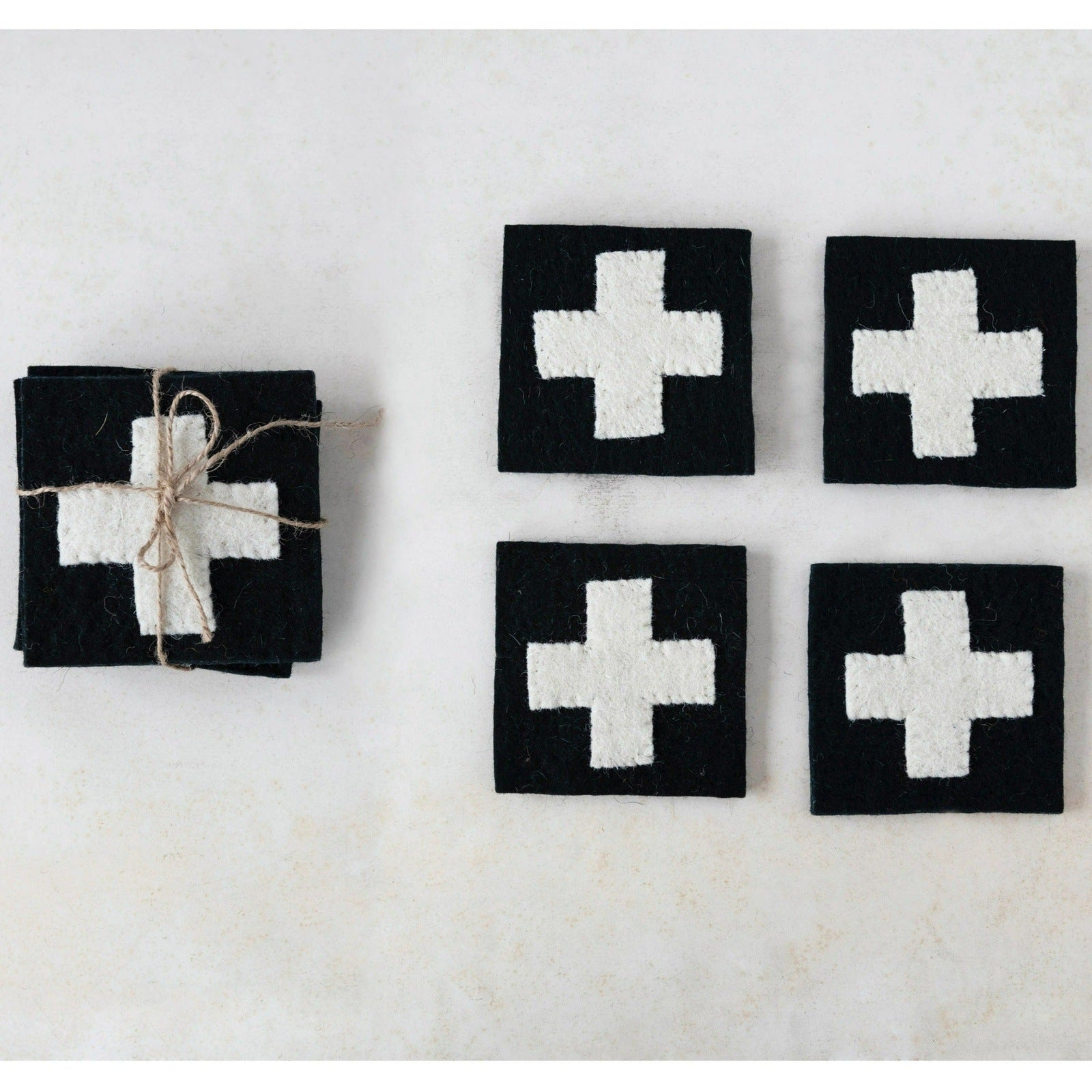 Black & Cream Wool Felt Swiss Cross Coaster Set