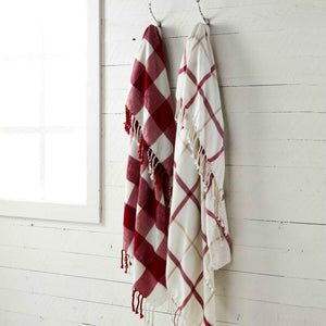 Brushed Plaid Cream & Red Throw With Fringe