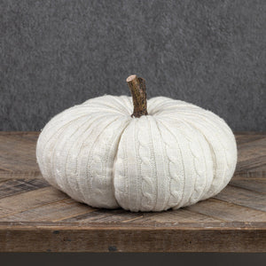 Cream Knit Pumpkin With Faux Wood Stem