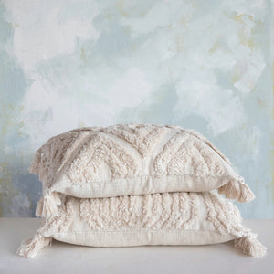 Cream Woven Cotton Slub Lumbar Pillow With Tassels