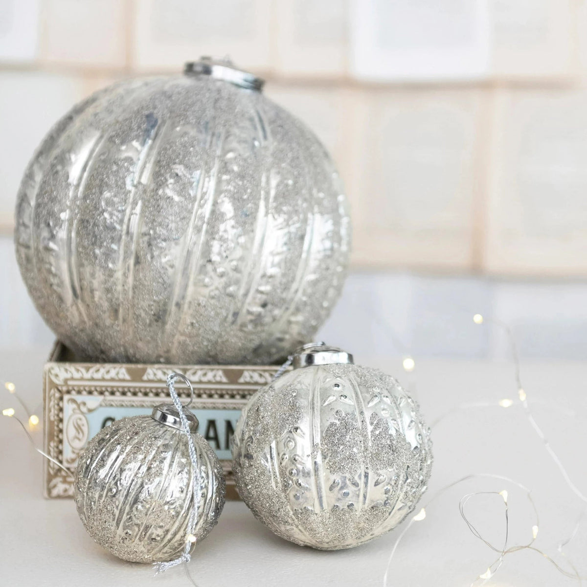 Embossed &amp; Flocked Seed Glass Ball Ornament