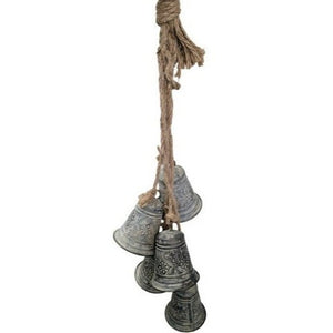 Embossed Metal Hanging Bells Cluster On Jute Rope