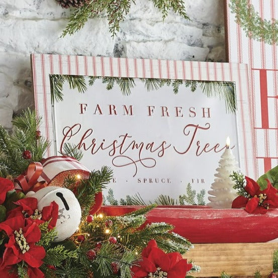 Farm Fresh Christmas Trees Red Ticking Stripe Wood Print